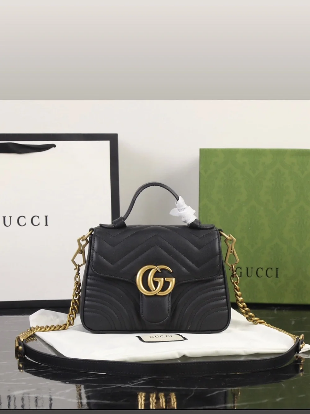 GC Black Quilted Leather Top Handle Satchel with Gold Hardware